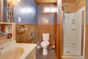 a bathroom with a toilet and a shower and a sink at Quaint Ironton Getaway with Fire Pit, Gas Grill! in Ironton +17 photos