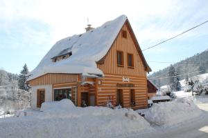 a wooden cabin with snow on the roof at Apartmány Černá Říčka in Desná