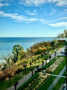 ein Blick auf einen Park mit dem Meer im Hintergrund in der Unterkunft FIRST im FIRST Sellin, Penthouse Meer & Meer mit phänomenalem Ostseeblick in Ostseebad Sellin