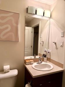 un bagno con lavandino, WC e specchio di 2bedroom luxury Condo a Edmonton Altre 27 foto