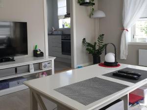a living room with a table and a tv at Komfort in Lier +21 photos