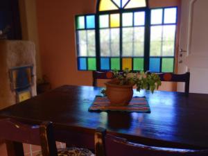 a potted plant sitting on a wooden table with a window at Dimensión moonlight in La Falda