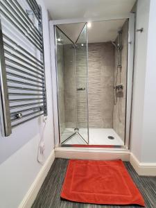 a bathroom with a shower with a red rug at Ipswich Town Centre Apartment 8 in Ipswich