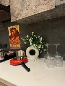 a kitchen counter with a red appliance on a counter top at Highrise heaven and green garden patio in Ghaziabad