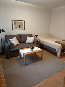 een woonkamer met een bank en een salontafel bij Eskolampi in Helsinki