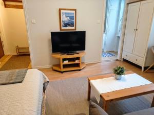 a living room with a flat screen tv on a table at Eskolampi in Helsinki