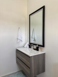 a bathroom with a sink and a mirror at Lemongrass Condos in Gros Islet
