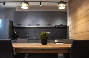 a kitchen with a wooden table with a potted plant on it at Zenith - Alpine Retreat in Zărneşti