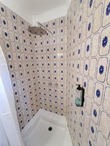 a bathroom with a shower with blue and white tiles at Hostal Playa in Cala Santanyi
