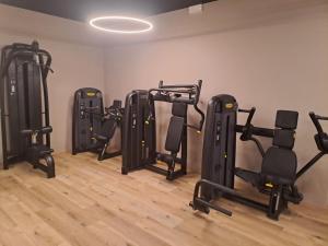 a row of exercise equipment in a room at Hotel Alla Dolina in Sistiana