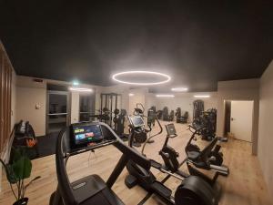 a gym with a bunch of exercise bikes in a room at Hotel Alla Dolina in Sistiana