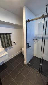 a bathroom with a shower and a toilet at Lake Wellington Luxury Retreat in Wellington East