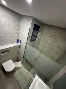 a bathroom with a shower and a toilet and a sink at Board apartment in Irbid