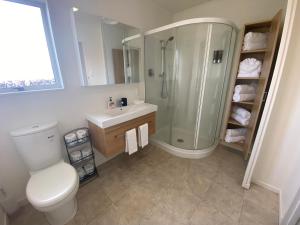 ein Badezimmer mit Dusche, Toilette und Waschbecken in der Unterkunft Parkside Cottage in Napier + 11 Fotos