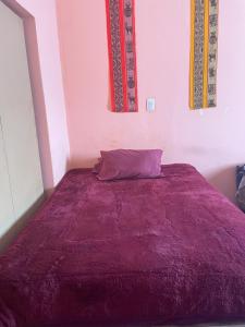 a bed in a room with a purple blanket at Depto Alto Humahuaca in Humahuaca