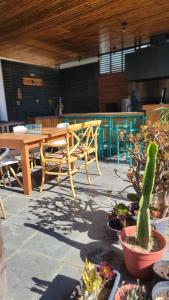 a patio with a table and chairs and potted plants at RbkºCasa mediterránea para 10 personas con piscina in Viña del Mar