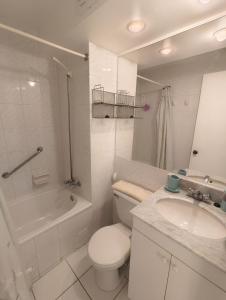 a bathroom with a toilet and a sink and a shower at Amplio y hermoso departamento con vista al mar in Lilén
