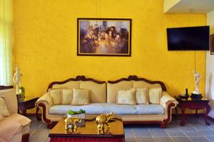 a living room with a couch and a yellow wall at Departamento amplio en el centro de Colima in Colima