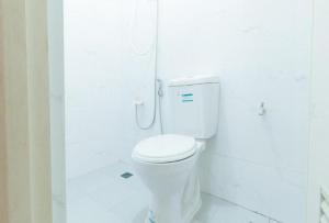a white bathroom with a toilet and a shower at Sagada Younganaut Lodge in Sagada