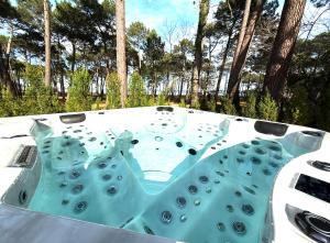 a hot tub in a yard with trees in the background at Maison du Lac avec Lagon, Spa de Nage, Jacuzzi in Biscarrosse