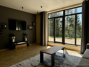 a living room with a large window and a table at Apex Panorama Hotel in Yablunytsya