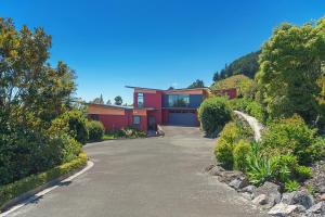 リッチモンドにあるPohutukawa Houseの車道に猫が座っている赤い家