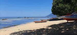 a group of boats sitting on a sandy beach at Bunaken Blesshi Guest House in Bunaken