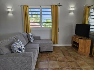 a living room with a couch and a flat screen tv at 216A Upper Level, Deluxe 1 Bedroom in Jolly Harbour