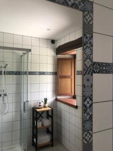 a bathroom with a shower and a mirror at El Molino de La Canal in Vega +37 photos