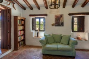 ein Wohnzimmer mit einer grünen Couch und einem Bücherregal in der Unterkunft Cortijo Cuscurro in Ríogordo
