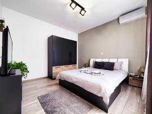 Un dormitorio con una cama grande y un televisor de pantalla plana. en Ben Apartments Central Urban Escape, en Sibiu