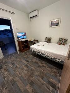 a bedroom with a bed and a desk and a television at Astypalea Castle Apartments in Astypalaia