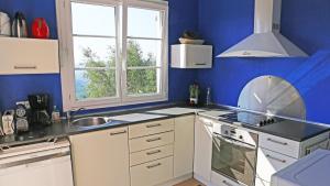 a blue kitchen with a sink and a stove at Villa avec vue et piscine privée in Bendéjun