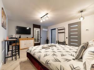 una camera da letto con un letto, una scrivania e una televisione di Onyx Studios by Ben Apartments Free Private Parking a Sibiu Altre 28 foto
