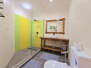 a bathroom with a sink and a shower with a mirror at Seaside Exotic Studio in Suva City Quality bedding free wifi n parking in Suva +20 photos