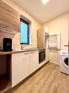 a kitchen with white cabinets and a washer and dryer at Stadtmitte im Zentrum von Itzehoe aber ruhig in Itzehoe