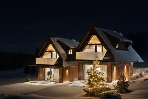 a house with a christmas tree in front of it at NOOK Cabins - Mountain View in Zakopane