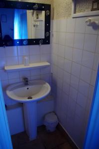 ein Badezimmer mit einem Waschbecken, einem Spiegel und einem WC in der Unterkunft Auberge de l'Escargot d'Or in Dieulefit