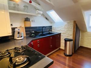 una cocina con fregadero y estufa horno superior en Chez SEB, en Rodez
