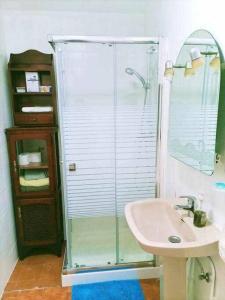 Un baño con ducha de cristal y lavabo. en San José Apartamento, en San José