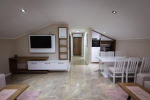 a living room with a television and a dining room at Vila Sofija Banja Vrujci in Gornja Toplica