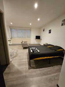 a bedroom with a bed and a living room at Appartement tout équipé in Nogent