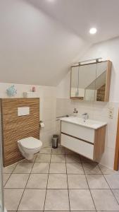 a bathroom with a toilet and a sink and a mirror at Campingplatz Jurahöhe in Pottenstein