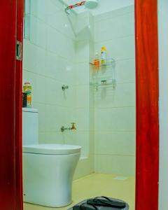 a white bathroom with a toilet and a shower at The Stadeview in Nairobi West by The Manna Stays in Nairobi