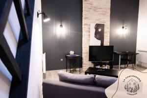 a living room with a couch and a tv at Le Grenier, appartement de charme, centre de Lens in Lens +4 photos