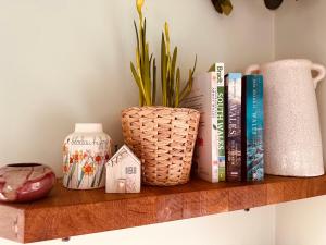 a shelf with books and a vase and a plant at The original Sleeping Giant Lodge with hot tub & Alpacas in Ystradgynlais