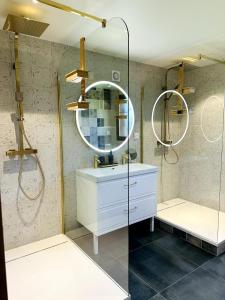 un bagno con un lavandino bianco e uno specchio di La Lande d'Ouée - Sauna & Convivialité a Saint-Aubin-du-Cormier