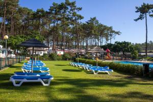 a row of blue and white lounge chairs next to a pool at Parque de Campismo Orbitur Valado in Nazaré