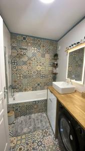 a bathroom with a sink and a washing machine at Chez jades in Saint-Julien-en-Genevois