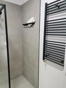 a shower with a glass door in a bathroom at Tutu Studio Sinaia cu vedere panoramica Early Checkin in Sinaia